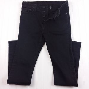 H&M &Denim Jeans Tapered Leg Button Fly Mid-Rise Black Denim Cotton Blend
